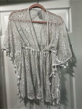 White Crochet Tassel Kimono Cover-Up